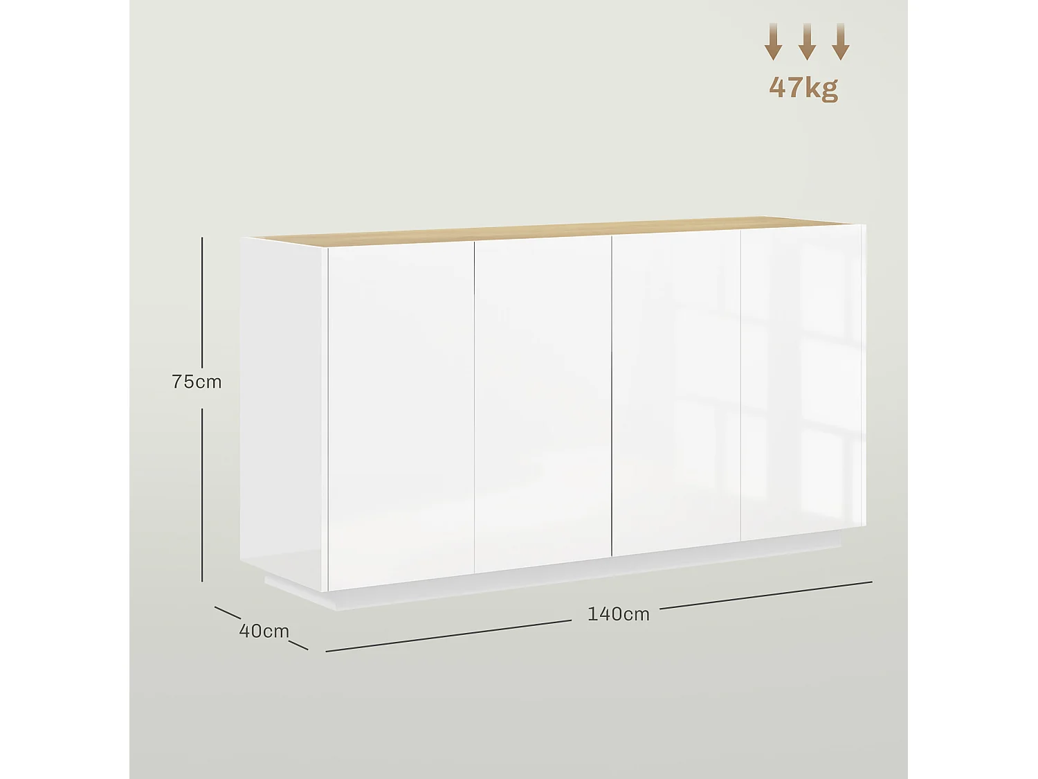 Buffet design contemporain blanc laqué plateau aspect bois clair - dim. 140L x 40l x 75H cm - 4 portes, 2 étagères