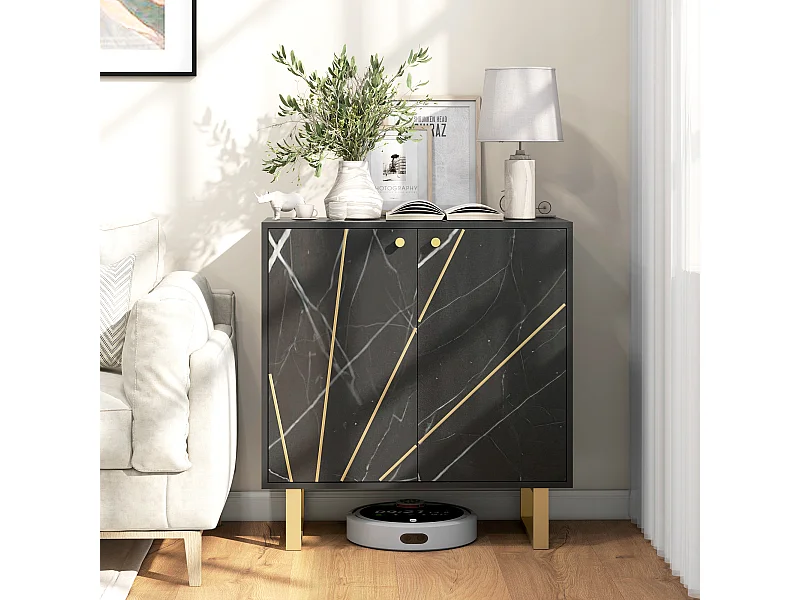 Buffet design - 2 portes, étagère - dim. 76L x 35l x 77H cm - métal doré aspect marbre noir