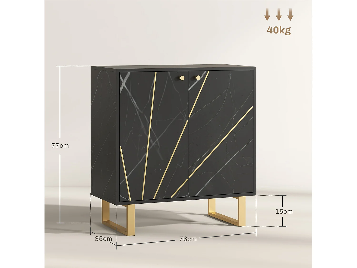 Buffet design - 2 portes, étagère - dim. 76L x 35l x 77H cm - métal doré aspect marbre noir