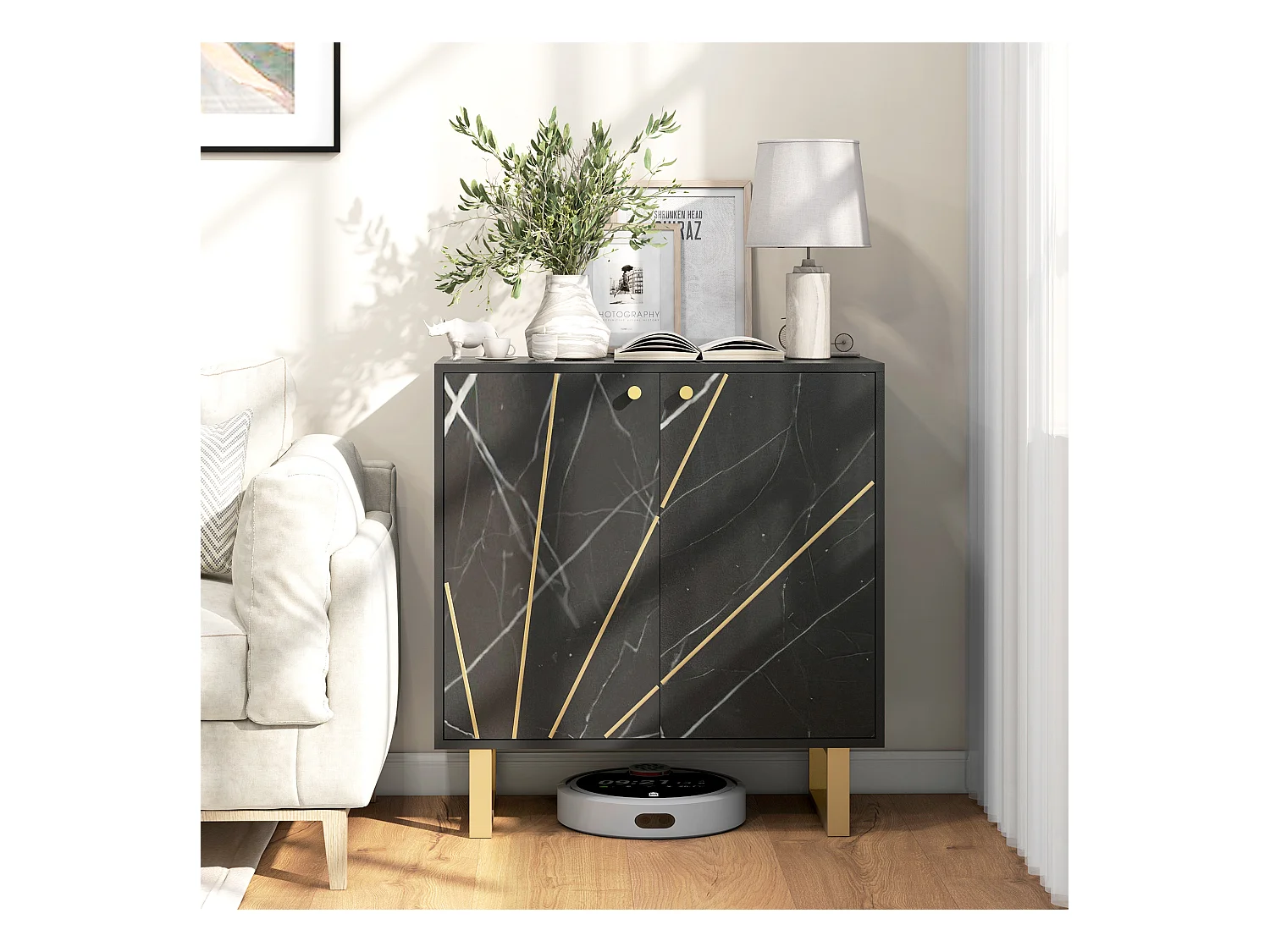 Buffet design - 2 portes, étagère - dim. 76L x 35l x 77H cm - métal doré aspect marbre noir