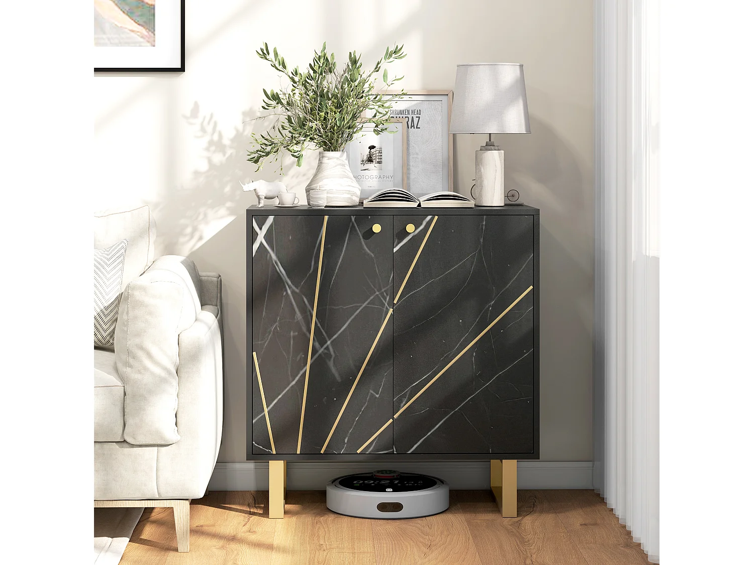 Buffet design - 2 portes, étagère - dim. 76L x 35l x 77H cm - métal doré aspect marbre noir