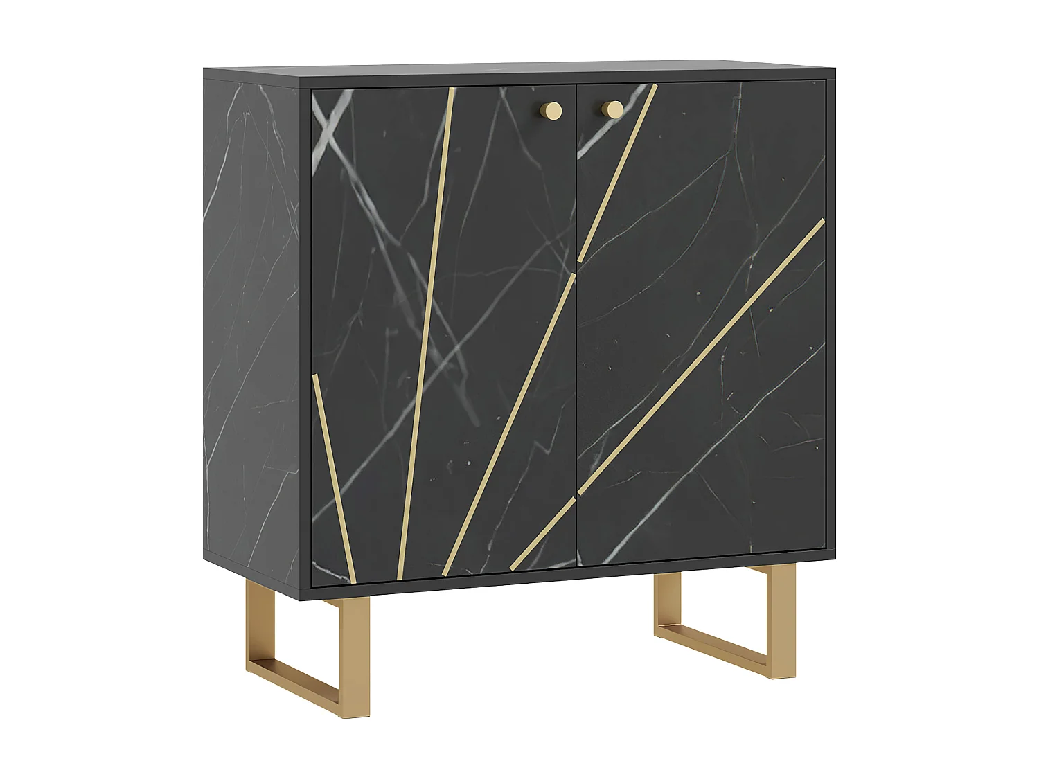 Buffet design - 2 portes, étagère - dim. 76L x 35l x 77H cm - métal doré aspect marbre noir