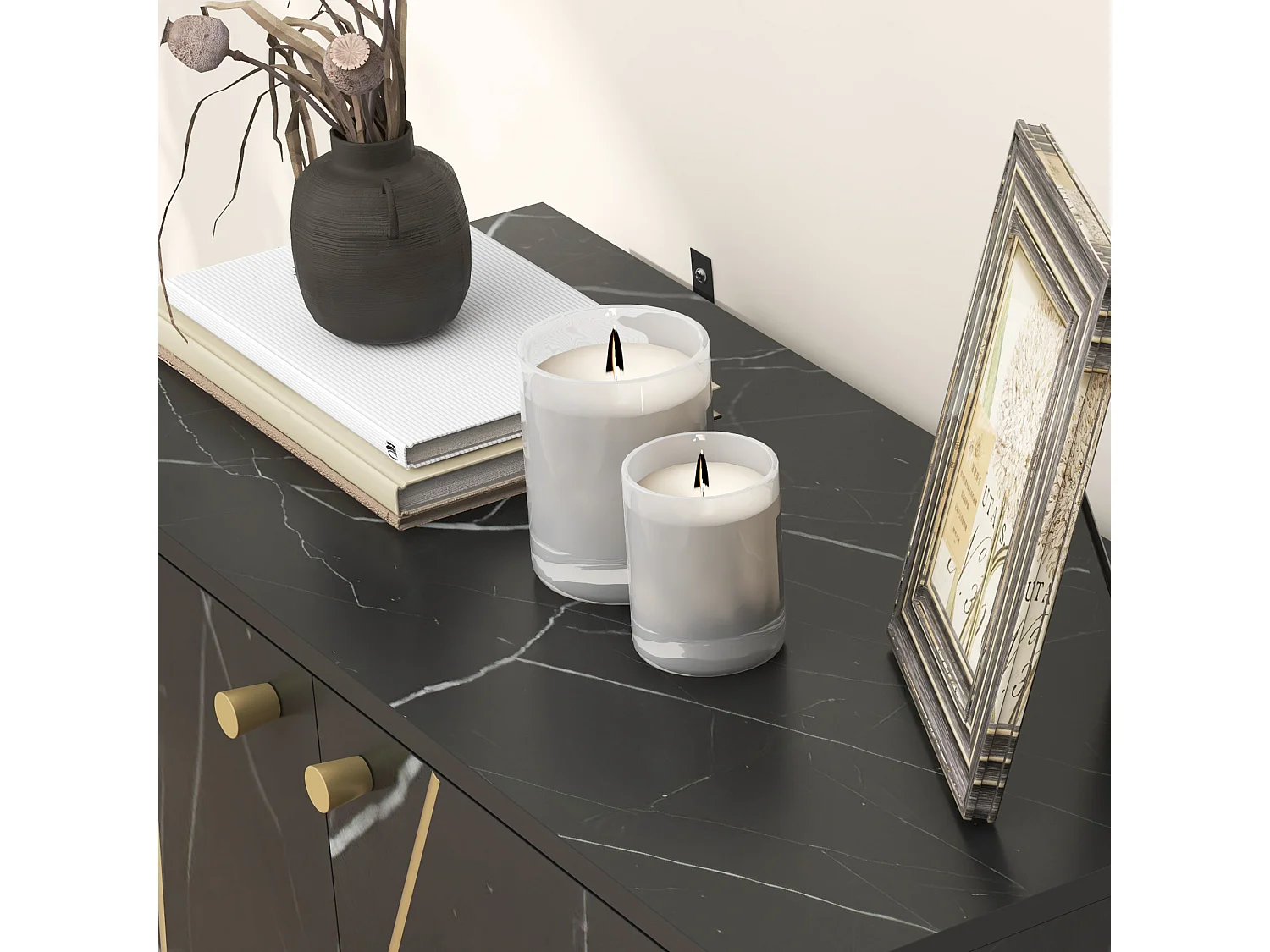 Buffet design - 2 portes, étagère - dim. 76L x 35l x 77H cm - métal doré aspect marbre noir