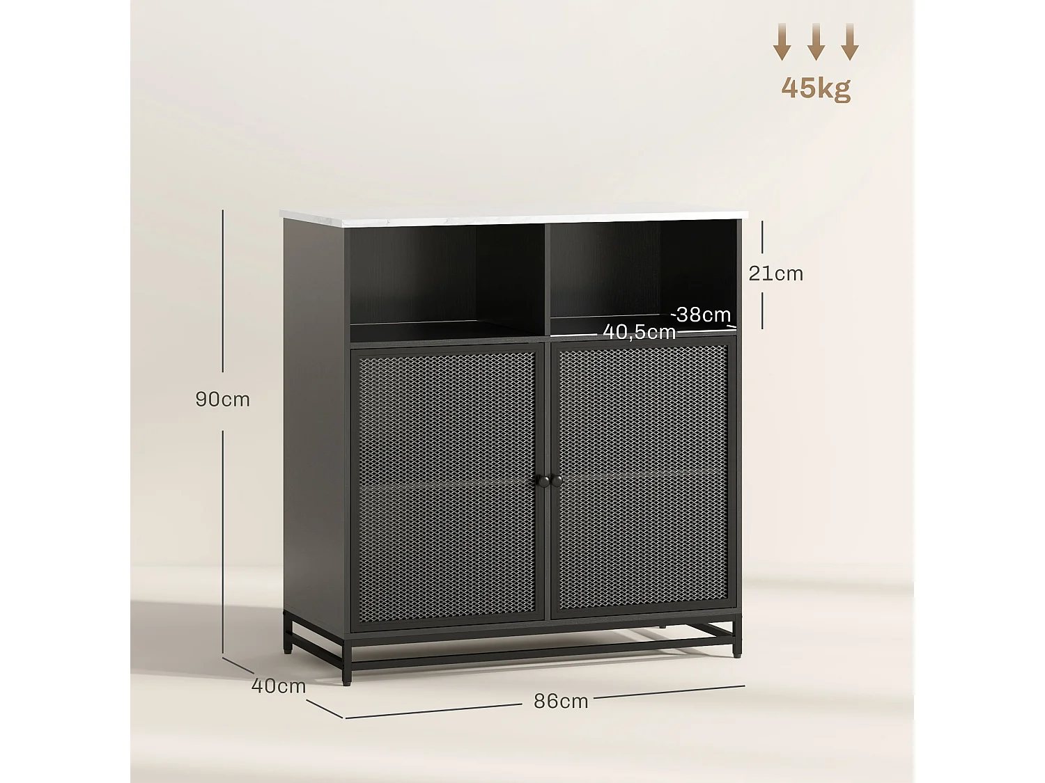 Buffet meuble de rangement plateau aspect marbre et double porte grillagée, pour le salon ou la cuisine, 86 x 40 x 90 cm, noir