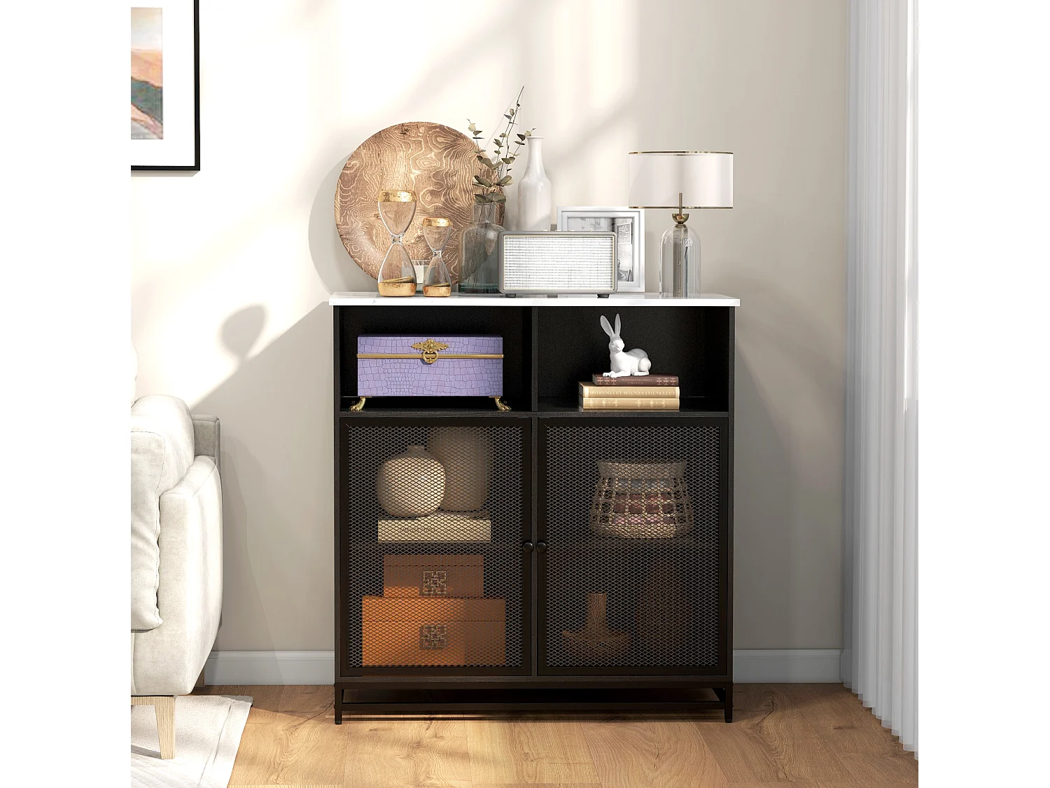 Buffet meuble de rangement plateau aspect marbre et double porte grillagée, pour le salon ou la cuisine, 86 x 40 x 90 cm, noir