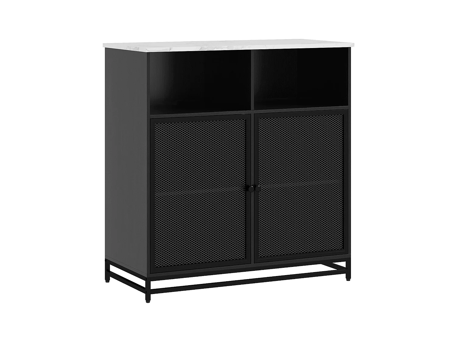 Buffet meuble de rangement plateau aspect marbre et double porte grillagée, pour le salon ou la cuisine, 86 x 40 x 90 cm, noir