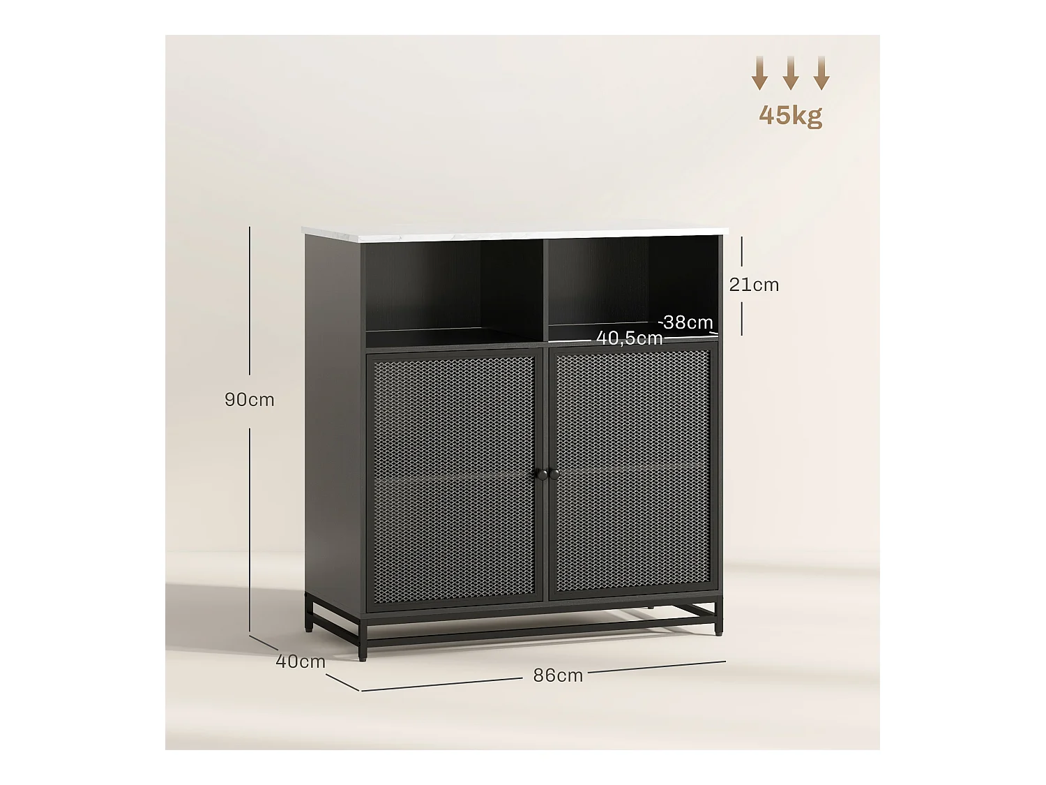 Buffet meuble de rangement plateau aspect marbre et double porte grillagée, pour le salon ou la cuisine, 86 x 40 x 90 cm, noir