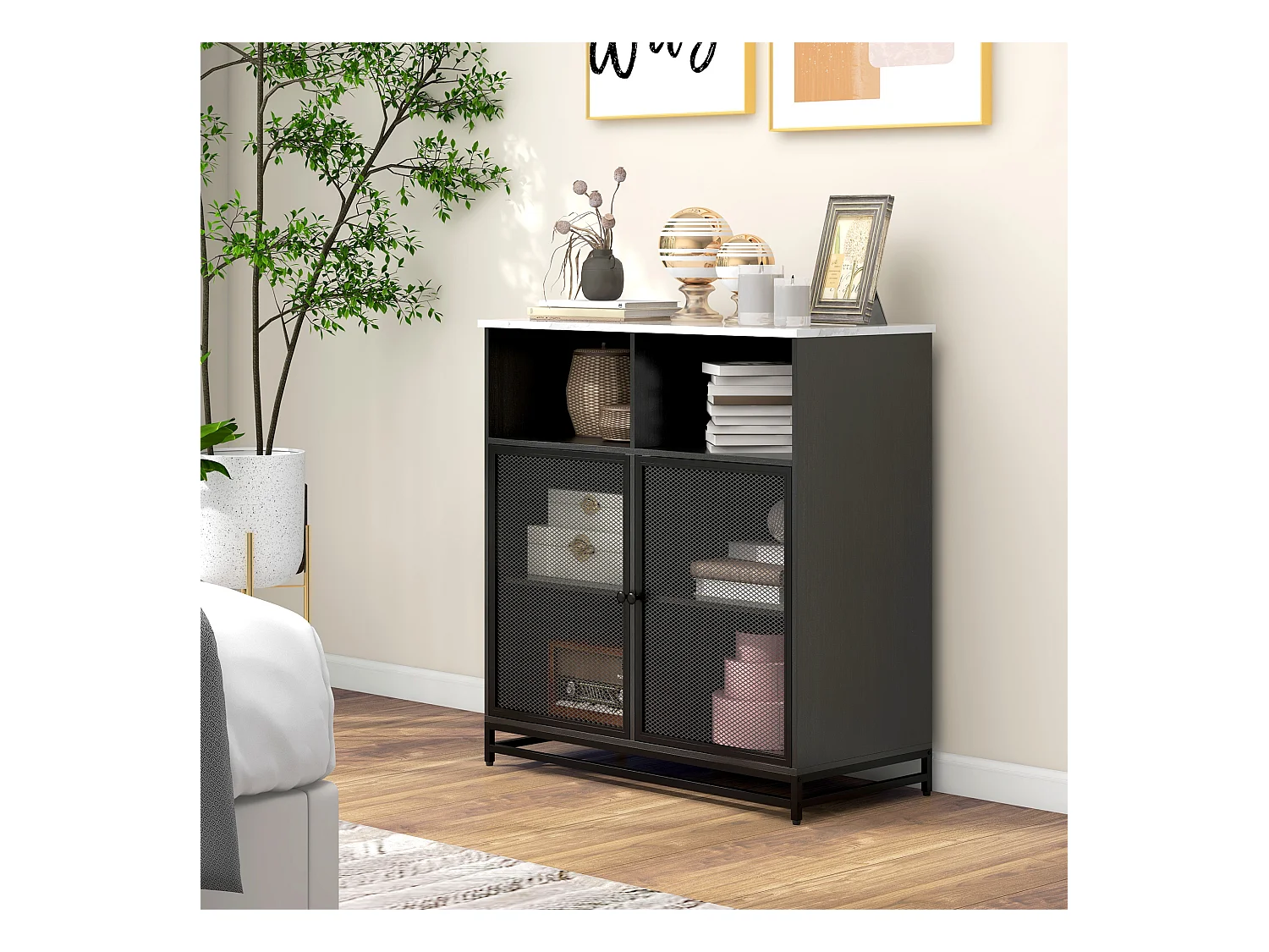 Buffet meuble de rangement plateau aspect marbre et double porte grillagée, pour le salon ou la cuisine, 86 x 40 x 90 cm, noir