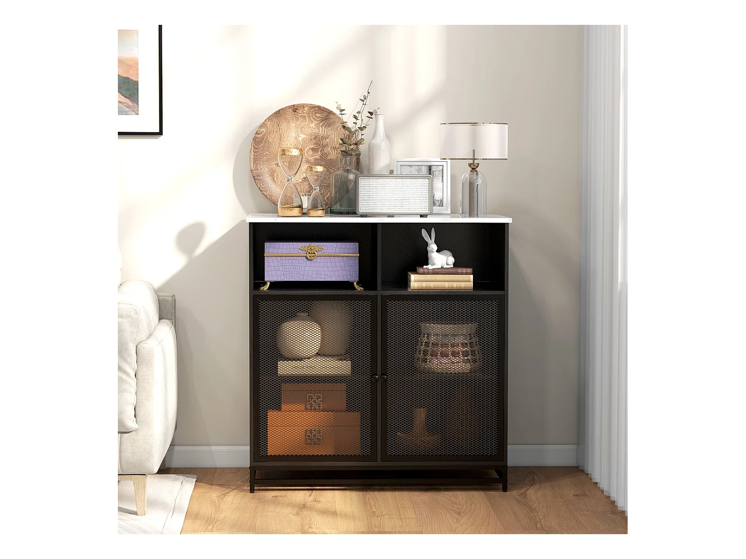 Buffet meuble de rangement plateau aspect marbre et double porte grillagée, pour le salon ou la cuisine, 86 x 40 x 90 cm, noir