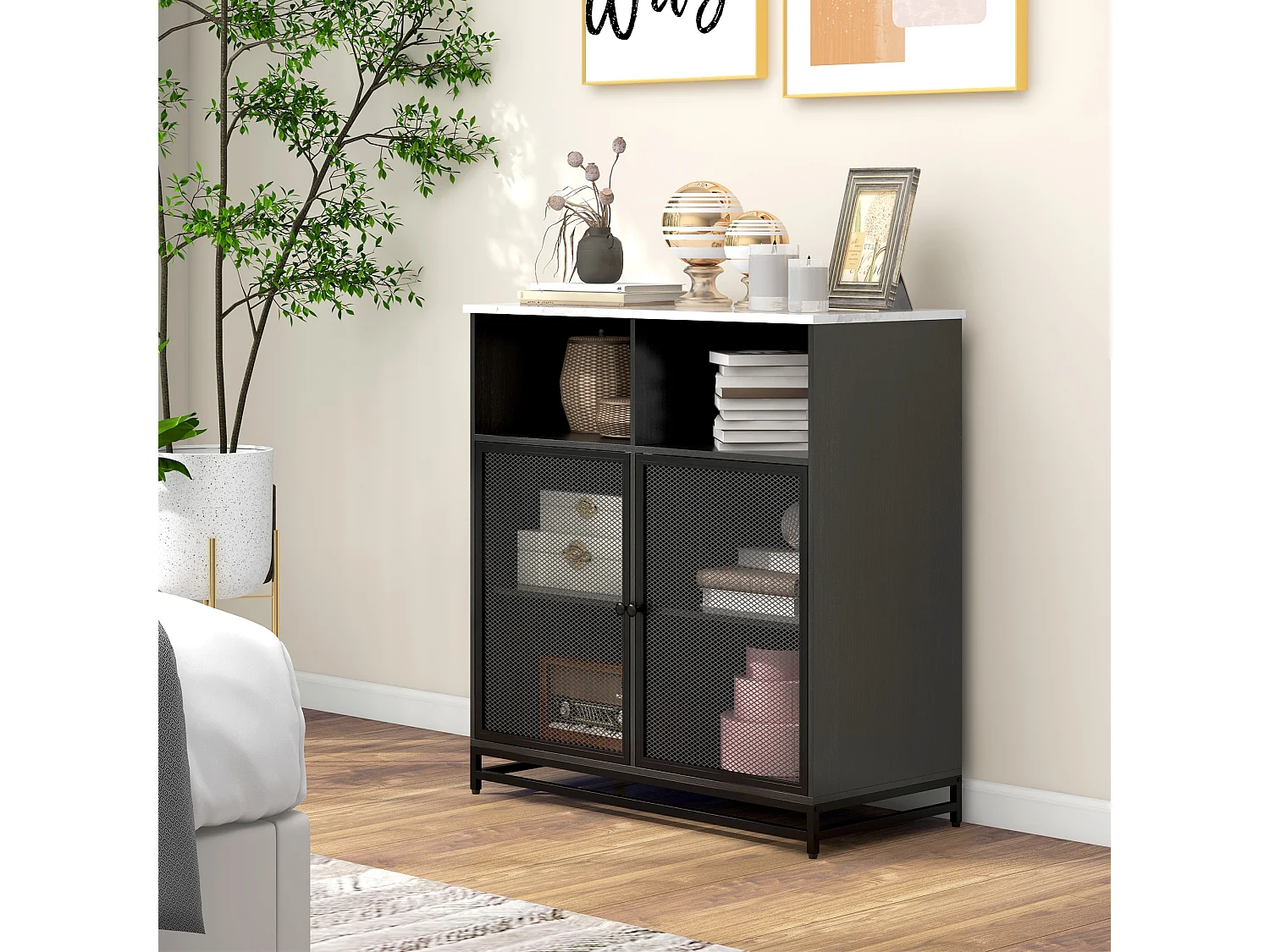 Buffet meuble de rangement plateau aspect marbre et double porte grillagée, pour le salon ou la cuisine, 86 x 40 x 90 cm, noir