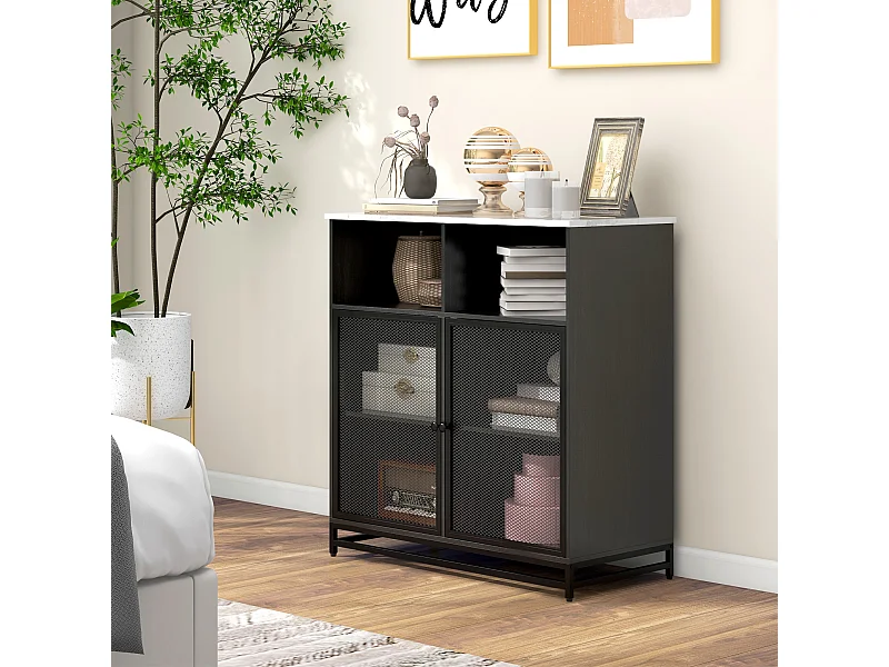 Buffet meuble de rangement plateau aspect marbre et double porte grillagée, pour le salon ou la cuisine, 86 x 40 x 90 cm, noir