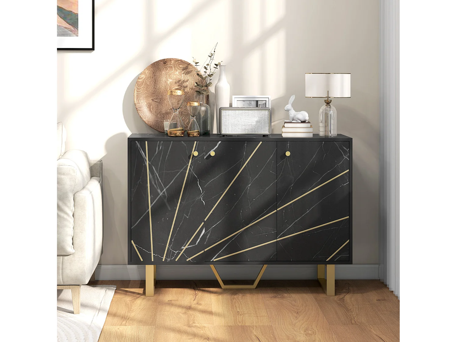 Buffet design - 3 portes, 2 étagères - dim. 107L x 35l x 75H cm - métal doré aspect marbre noir