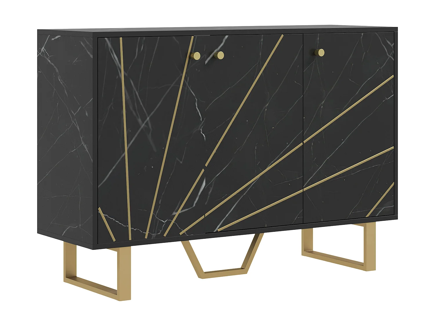 Buffet design - 3 portes, 2 étagères - dim. 107L x 35l x 75H cm - métal doré aspect marbre noir