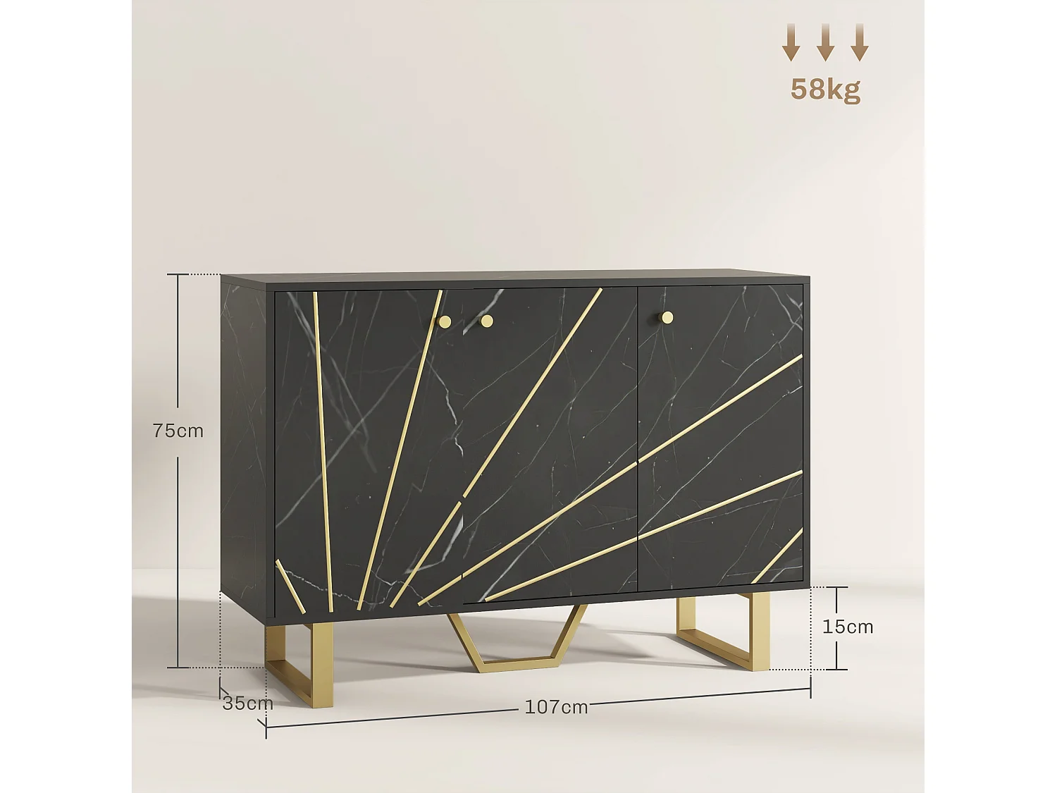 Buffet design - 3 portes, 2 étagères - dim. 107L x 35l x 75H cm - métal doré aspect marbre noir