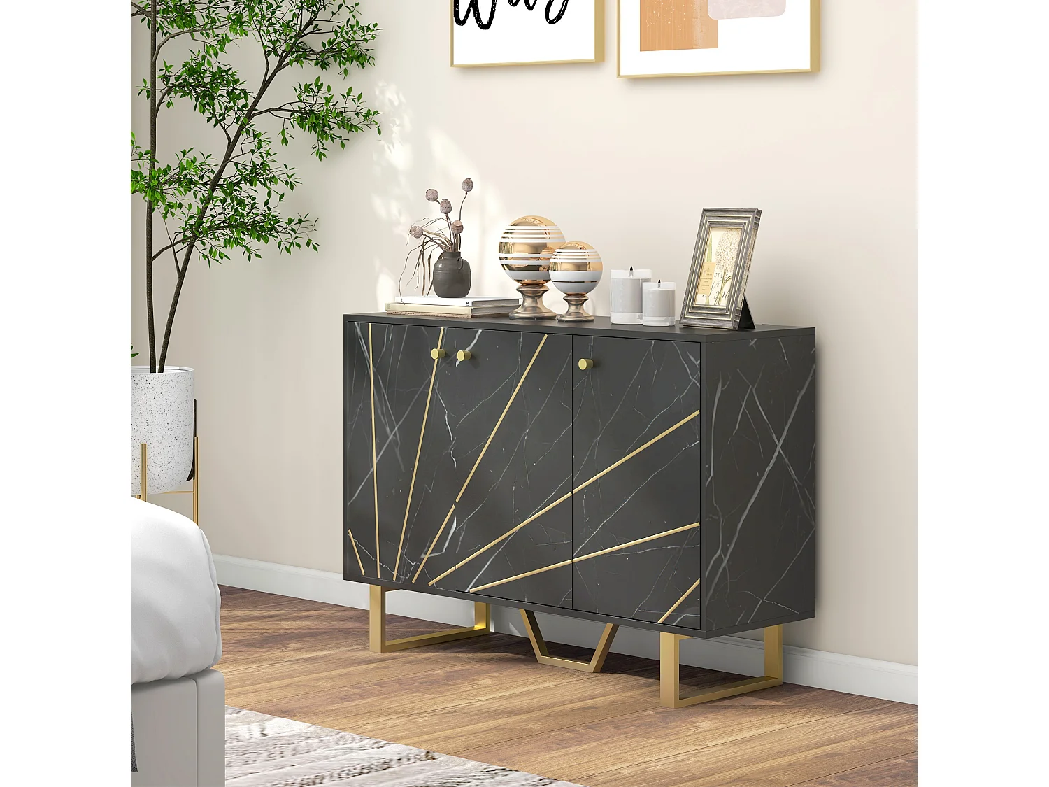Buffet design - 3 portes, 2 étagères - dim. 107L x 35l x 75H cm - métal doré aspect marbre noir