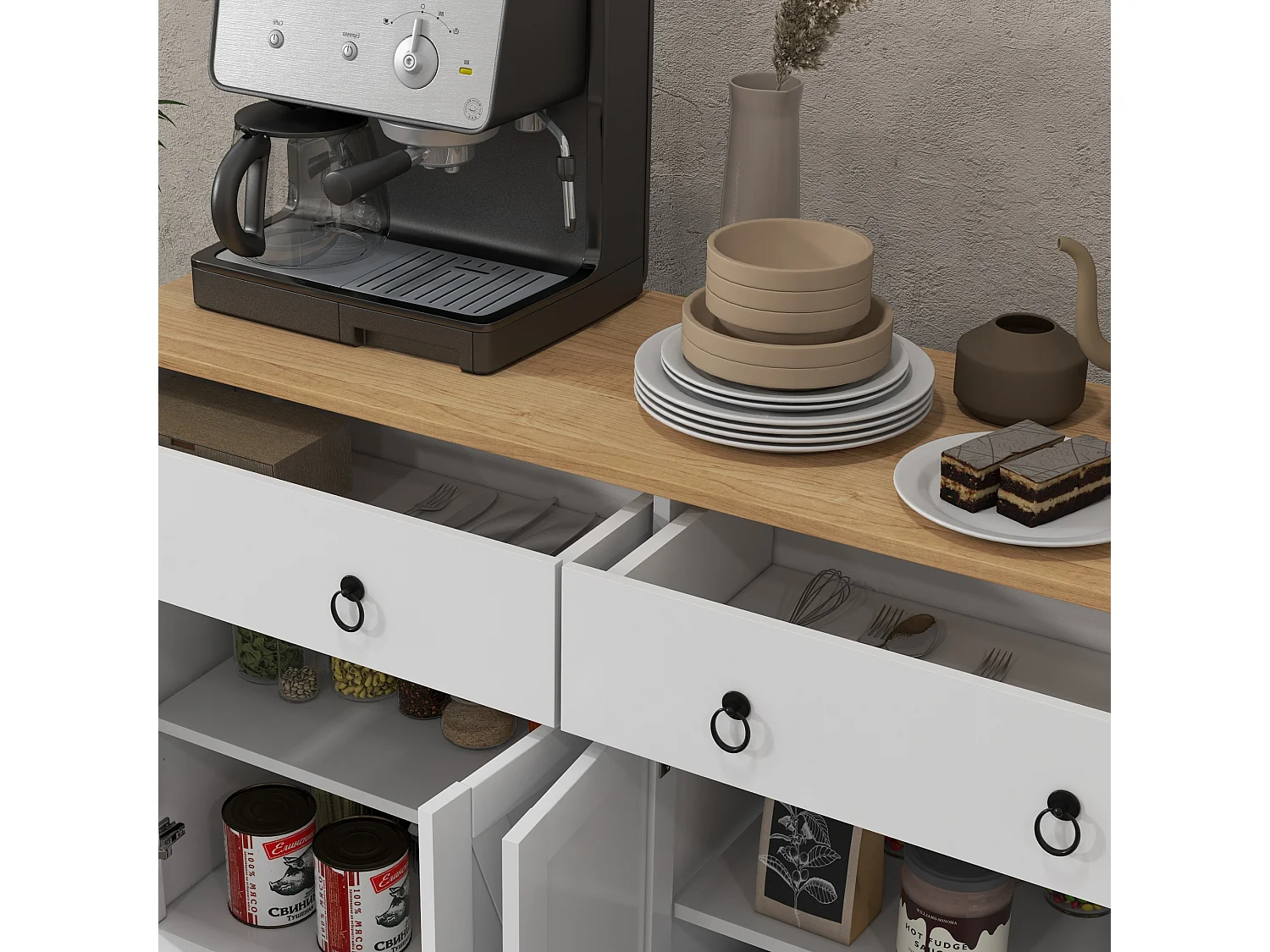 Buffet 2 portes 2 étagères 2 tiroirs style rural chic façades portes à croisillons poignées anneaux métal noir blanc aspect bois