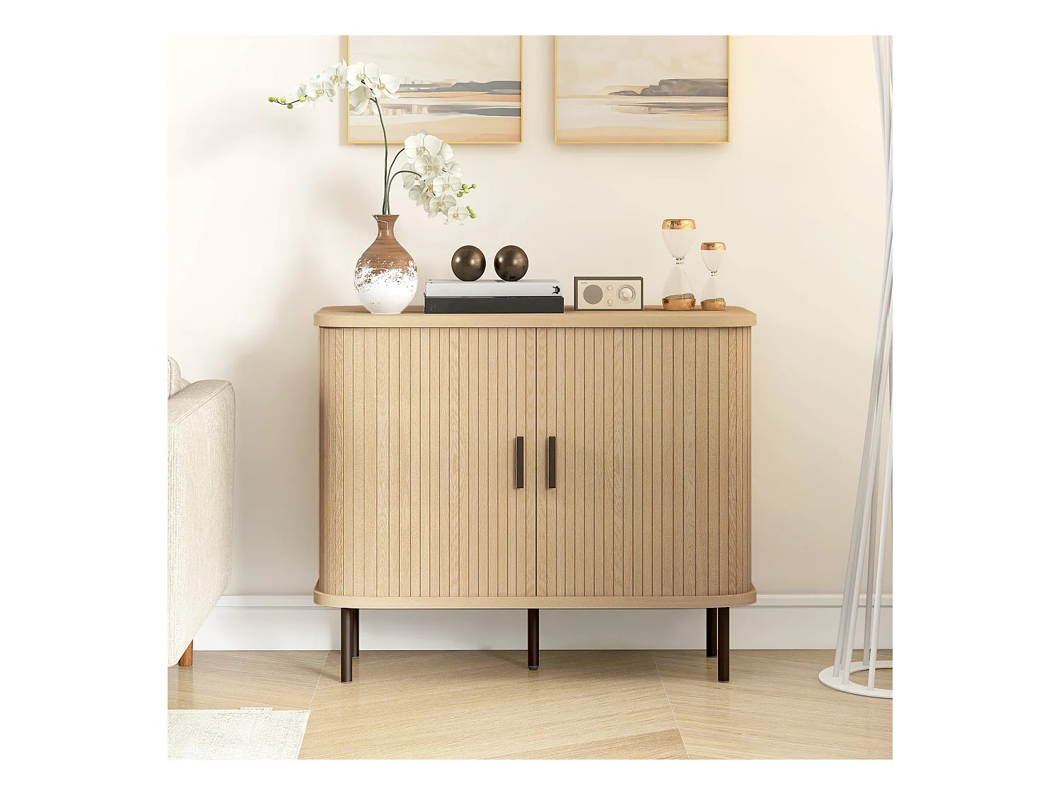 Buffet style scandinave 2 portes coulissantes 4 compartiments acier noir aspect bois clair