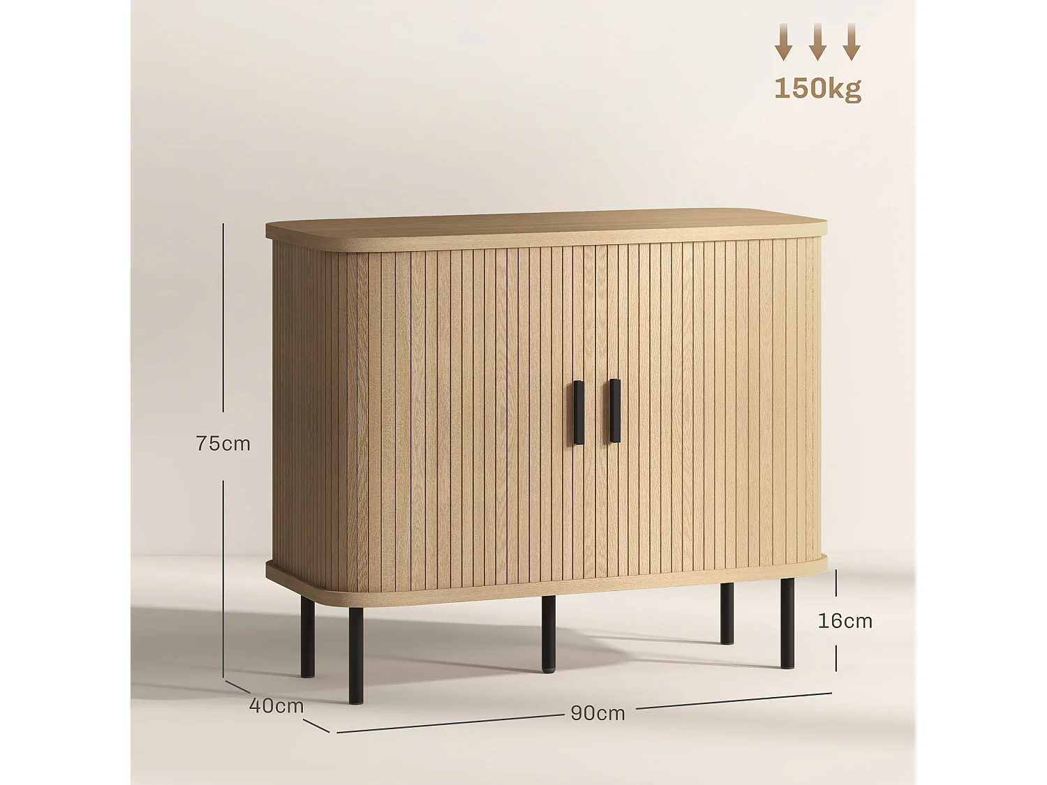 Buffet style scandinave 2 portes coulissantes 4 compartiments acier noir aspect bois clair