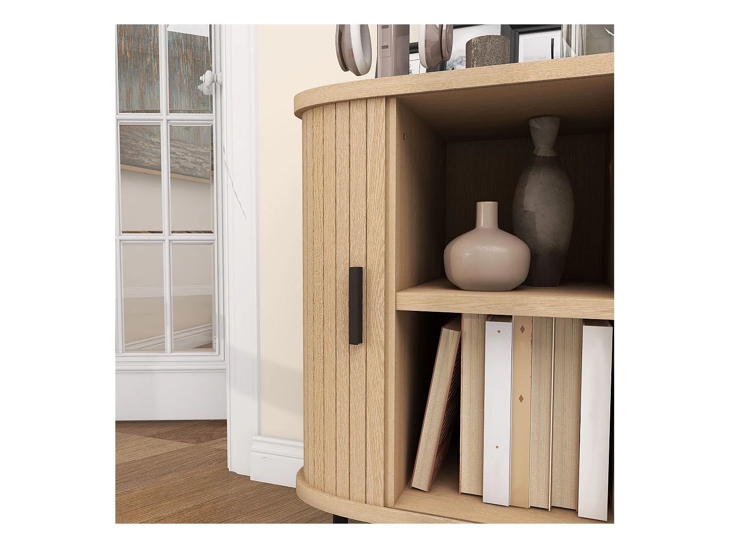 Buffet style scandinave 2 portes coulissantes 4 compartiments acier noir aspect bois clair