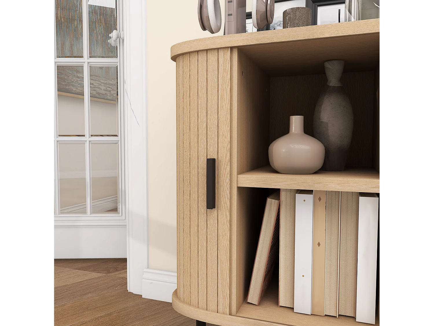 Buffet style scandinave 2 portes coulissantes 4 compartiments acier noir aspect bois clair