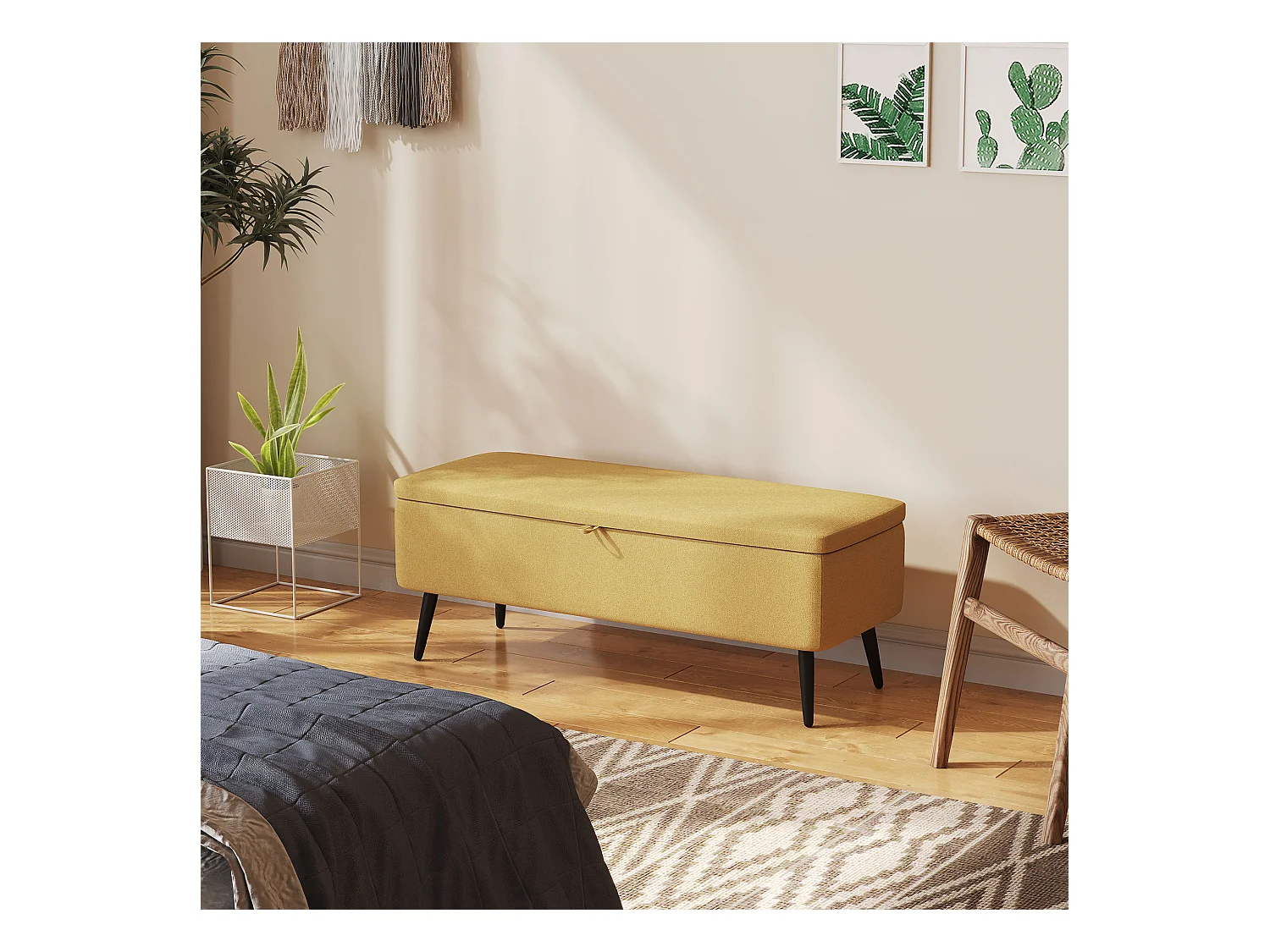 Banc coffre de rangement 2 en 1 dim. 102L x 40l x 39H cm piètement acier noir tissu jaune moutarde