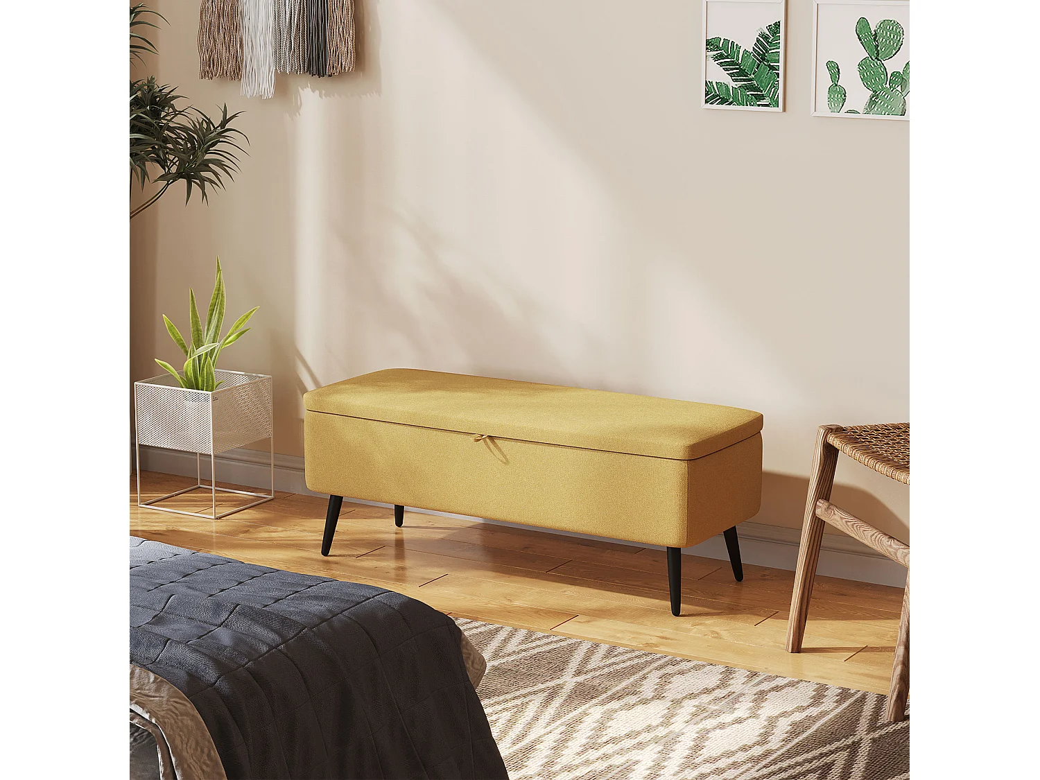 Banc coffre de rangement 2 en 1 dim. 102L x 40l x 39H cm piètement acier noir tissu jaune moutarde