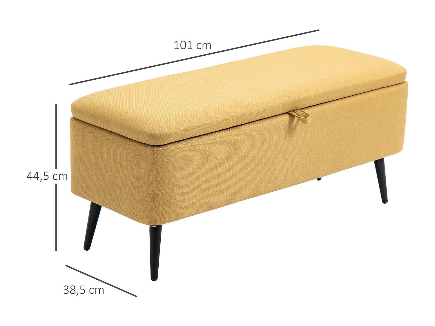 Banc coffre de rangement 2 en 1 dim. 102L x 40l x 39H cm piètement acier noir tissu jaune moutarde