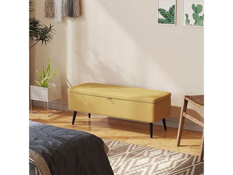 Banc coffre de rangement 2 en 1 dim. 102L x 40l x 39H cm piètement acier noir tissu jaune moutarde