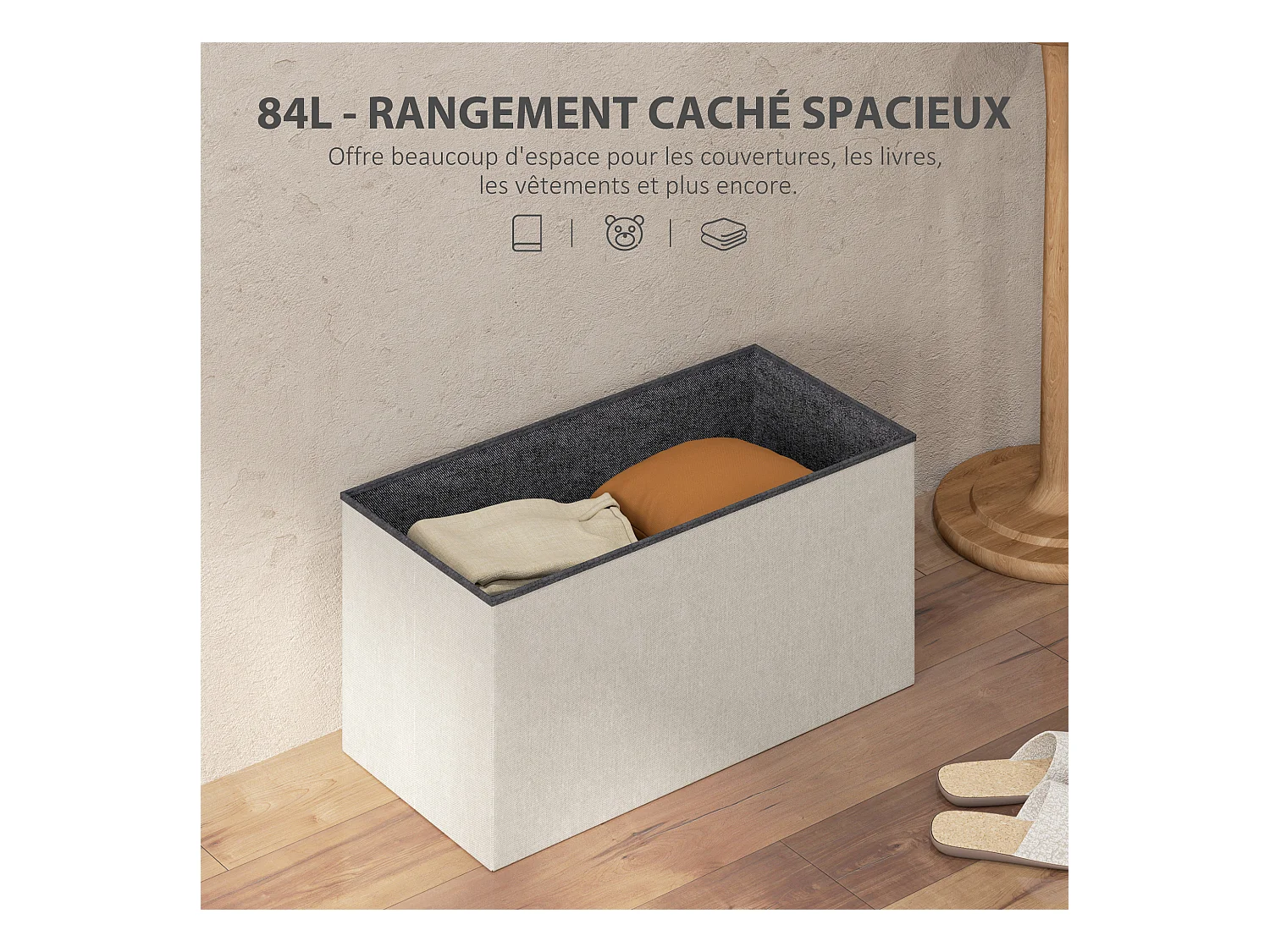 Banc coffre style Chesterfield effet capitonné dim.76L x 38l x 38H cm tissu blanc cassé