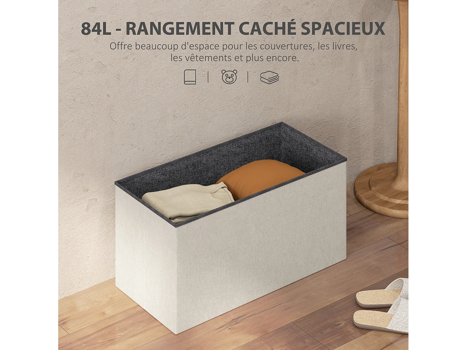 Banc coffre style Chesterfield effet capitonné dim.76L x 38l x 38H cm tissu blanc cassé