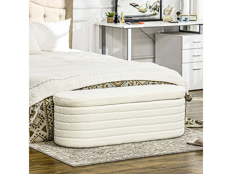 Banquette coffre de rangement 2 en 1 - bout de lit - effet laine bouclé crème