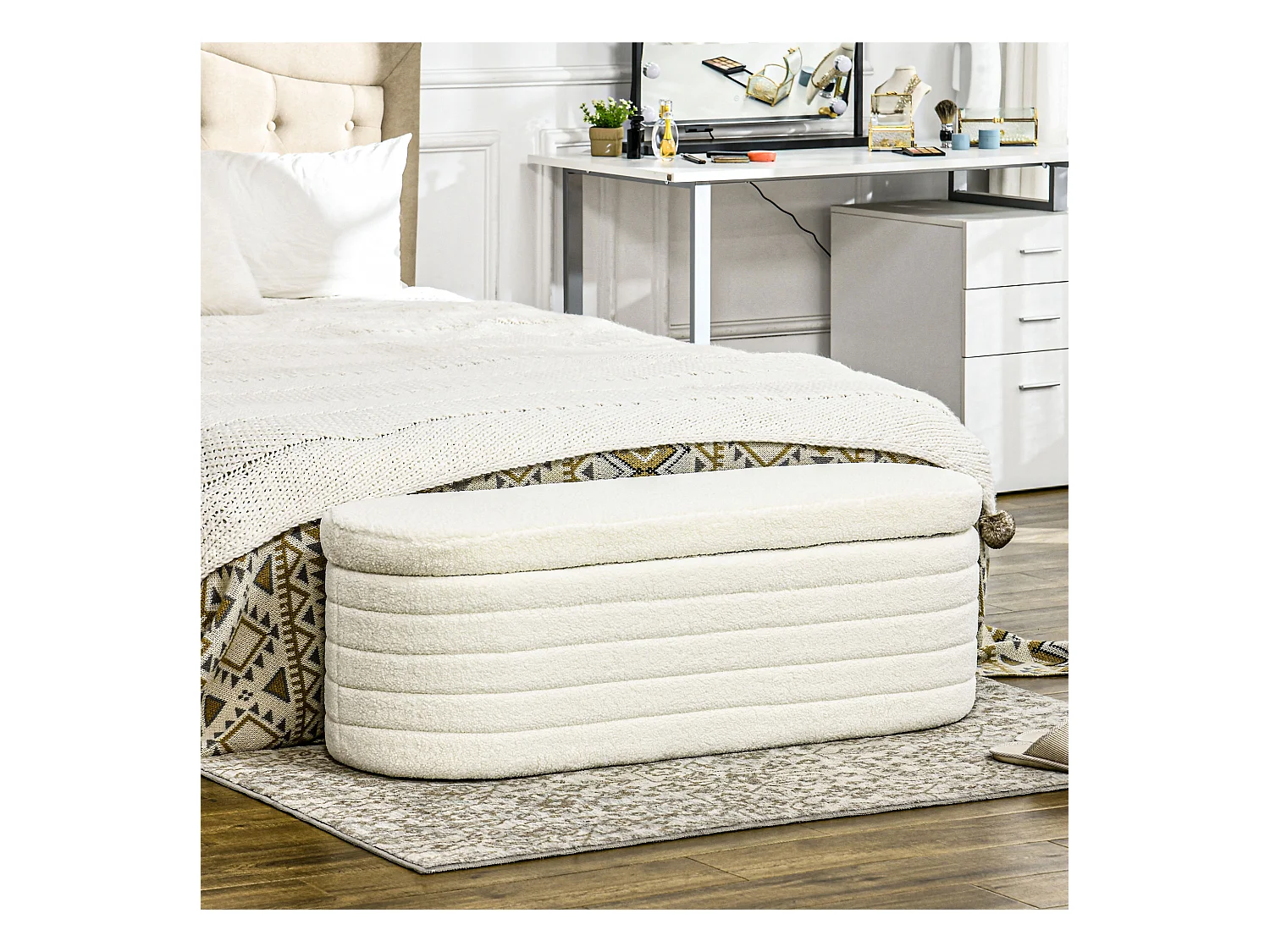 Banquette coffre de rangement 2 en 1 - bout de lit - effet laine bouclé crème