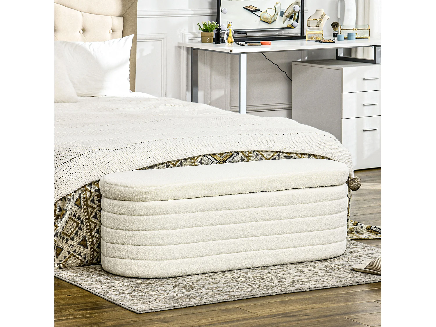 Banquette coffre de rangement 2 en 1 - bout de lit - effet laine bouclé crème