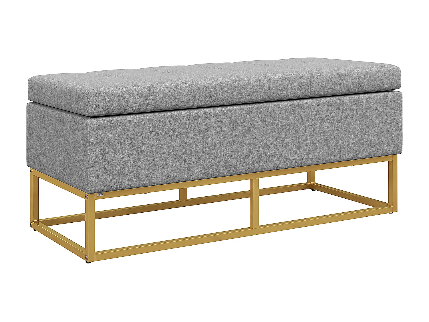 Banc banquette coffre de rangement 2 en 1 piètement acier doré assise capitonnée tissu gris