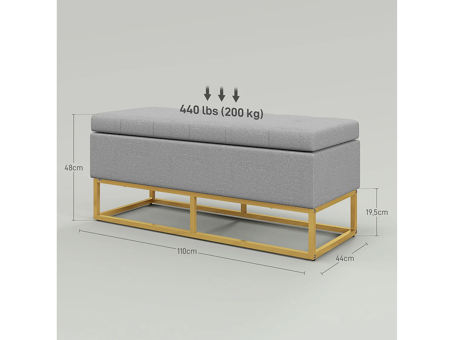 Banc banquette coffre de rangement 2 en 1 piètement acier doré assise capitonnée tissu gris