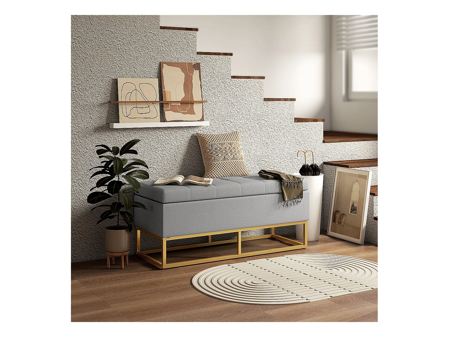 Banc banquette coffre de rangement 2 en 1 piètement acier doré assise capitonnée tissu gris