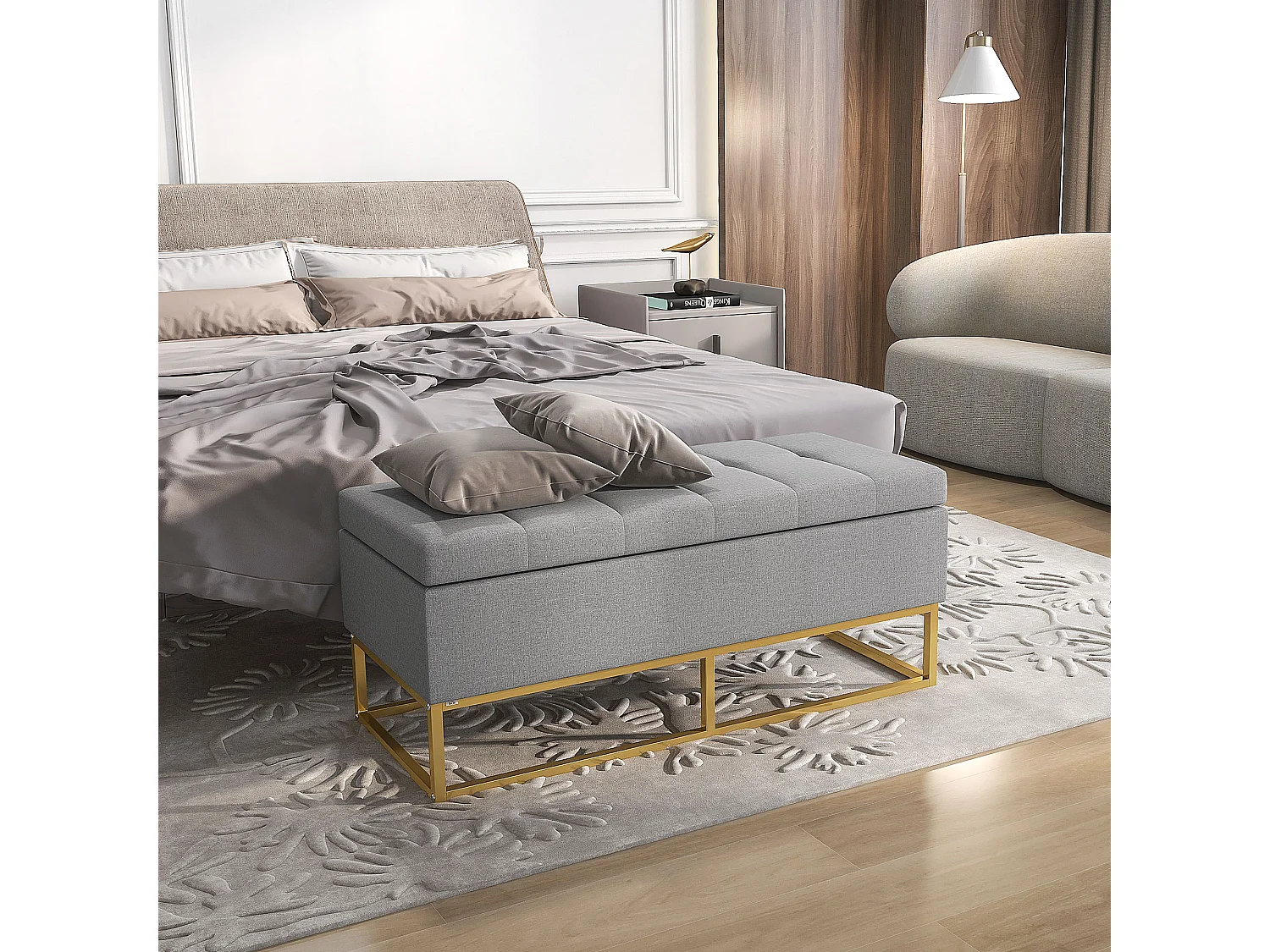 Banc banquette coffre de rangement 2 en 1 piètement acier doré assise capitonnée tissu gris