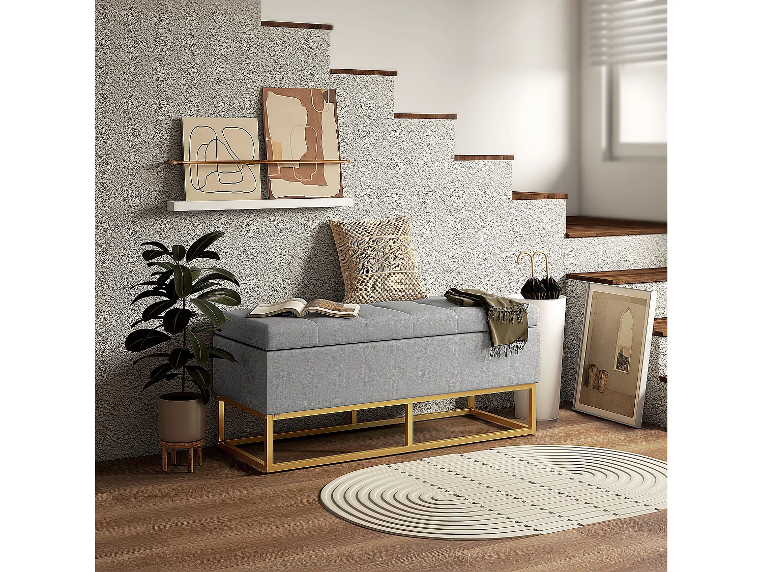 Banc banquette coffre de rangement 2 en 1 piètement acier doré assise capitonnée tissu gris