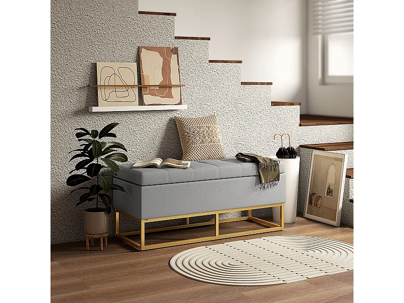 Banc banquette coffre de rangement 2 en 1 piètement acier doré assise capitonnée tissu gris