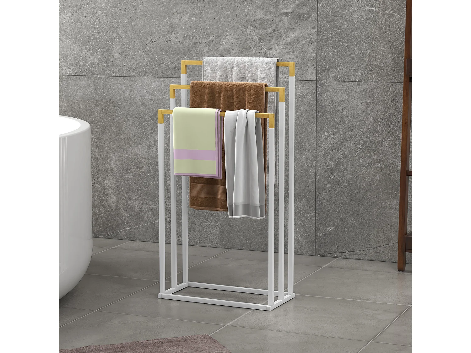 Porte-serviette autoportant 3 barres - dim. 45L x 22l x 86H cm - bois bambou acier blanc