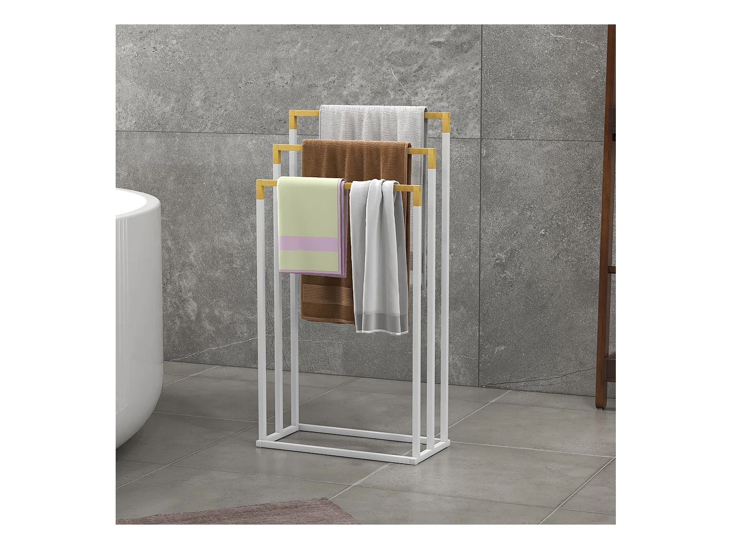 Porte-serviette autoportant 3 barres - dim. 45L x 22l x 86H cm - bois bambou acier blanc