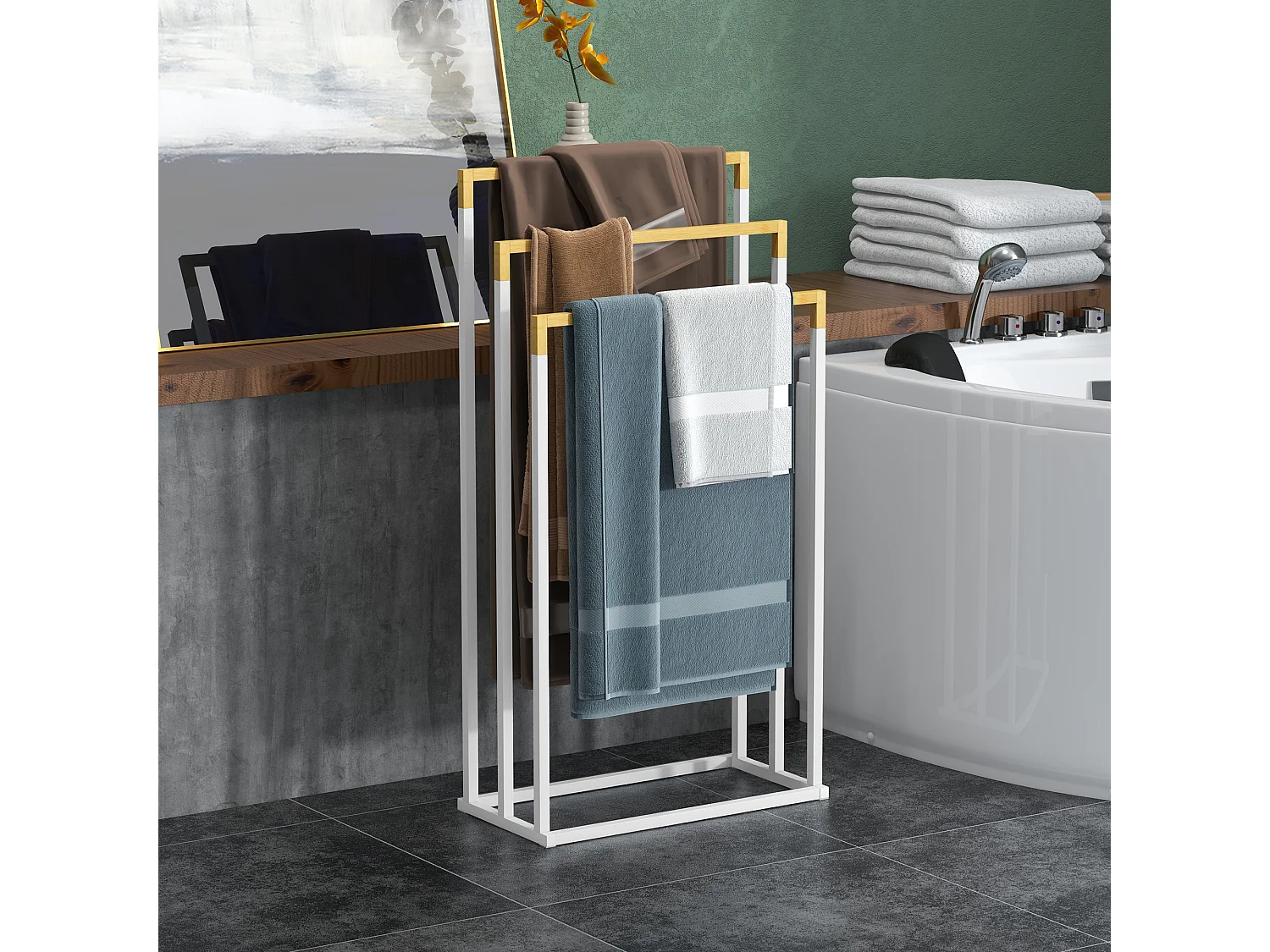 Porte-serviette autoportant 3 barres - dim. 45L x 22l x 86H cm - bois bambou acier blanc