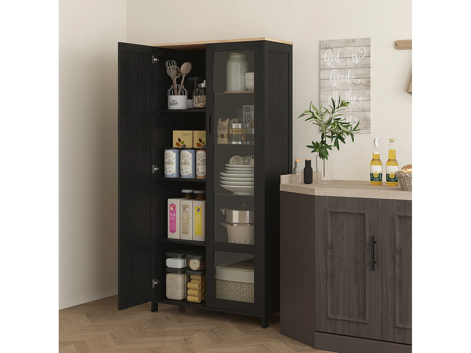 Armoire de rangement - 2 portes - 7 étagères - dim. 76L x 36l x 160H cm - noir aspect chêne clair verre