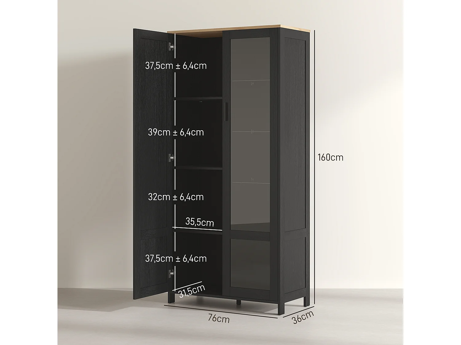 Armoire de rangement - 2 portes - 7 étagères - dim. 76L x 36l x 160H cm - noir aspect chêne clair verre