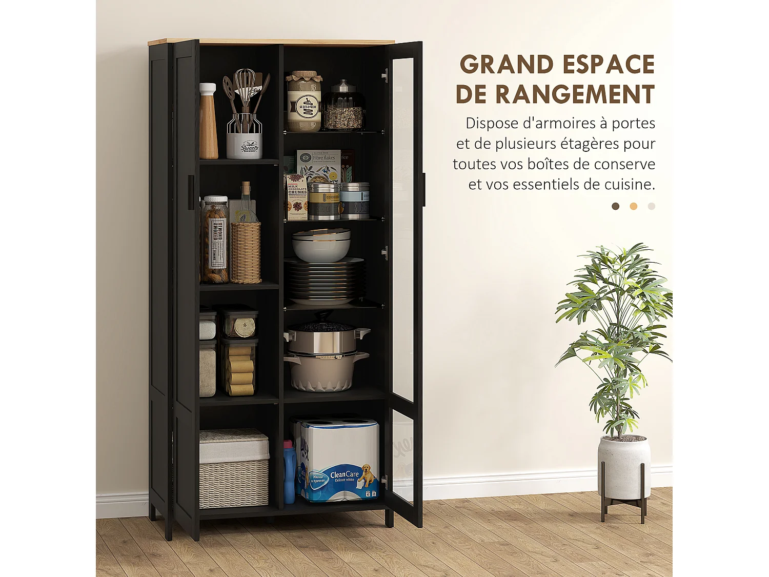 Armoire de rangement - 2 portes - 7 étagères - dim. 76L x 36l x 160H cm - noir aspect chêne clair verre