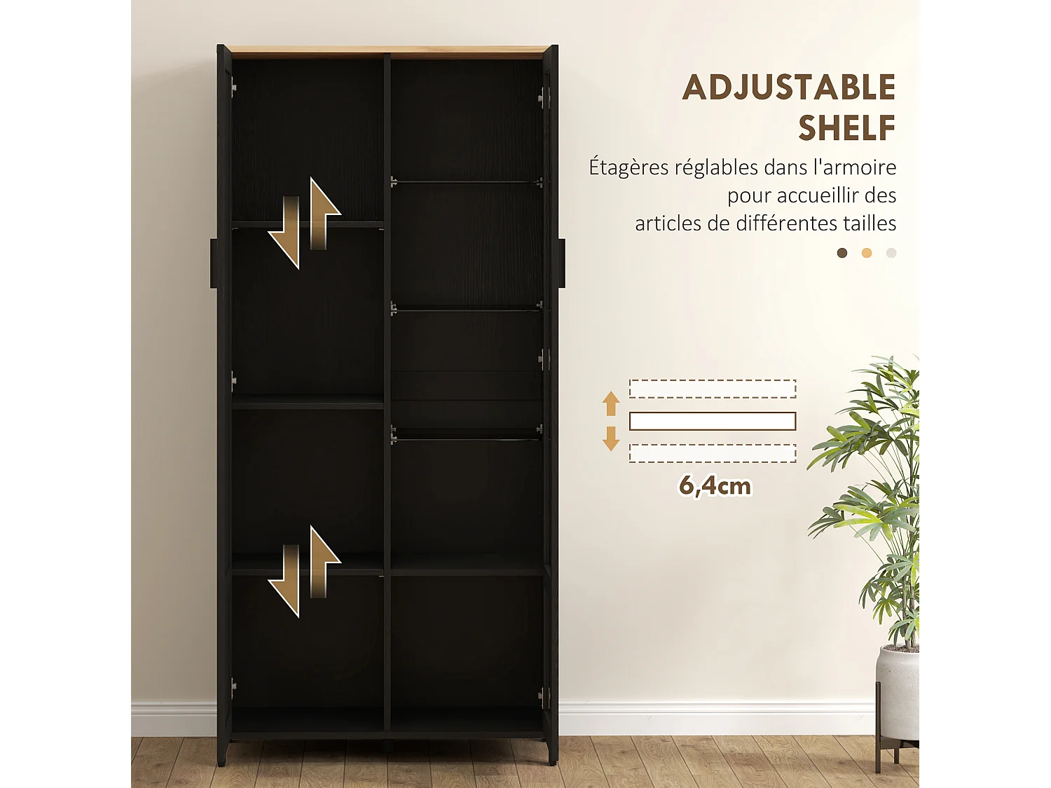 Armoire de rangement - 2 portes - 7 étagères - dim. 76L x 36l x 160H cm - noir aspect chêne clair verre