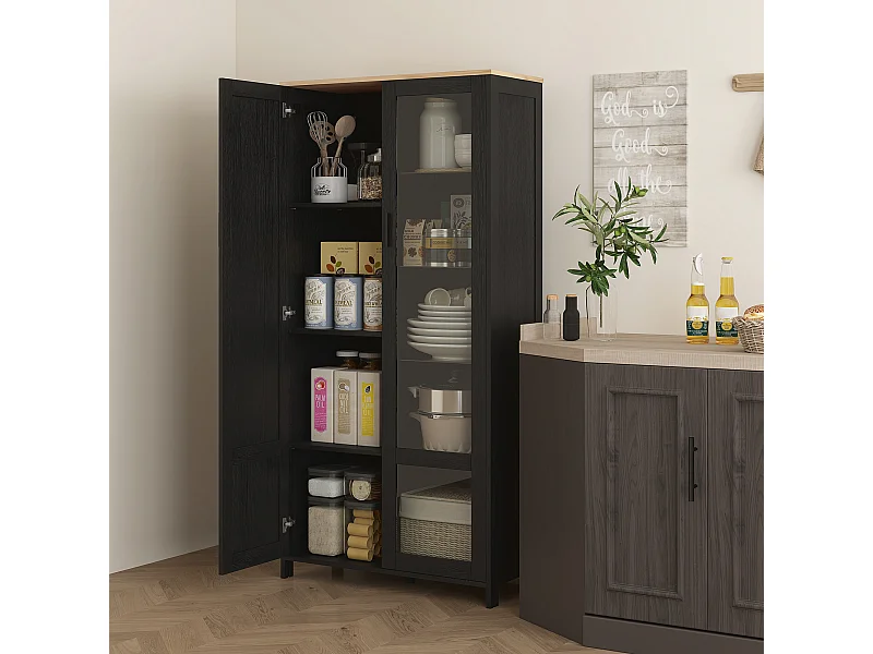 Armoire de rangement - 2 portes - 7 étagères - dim. 76L x 36l x 160H cm - noir aspect chêne clair verre