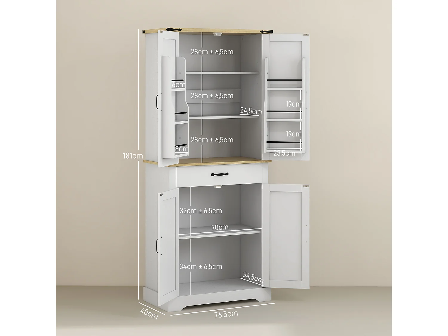 Buffet haut 4 portes 3 étagères 6 étagères de porte tiroir - dim. 76L x 40l x 181H cm - blanc aspect bois