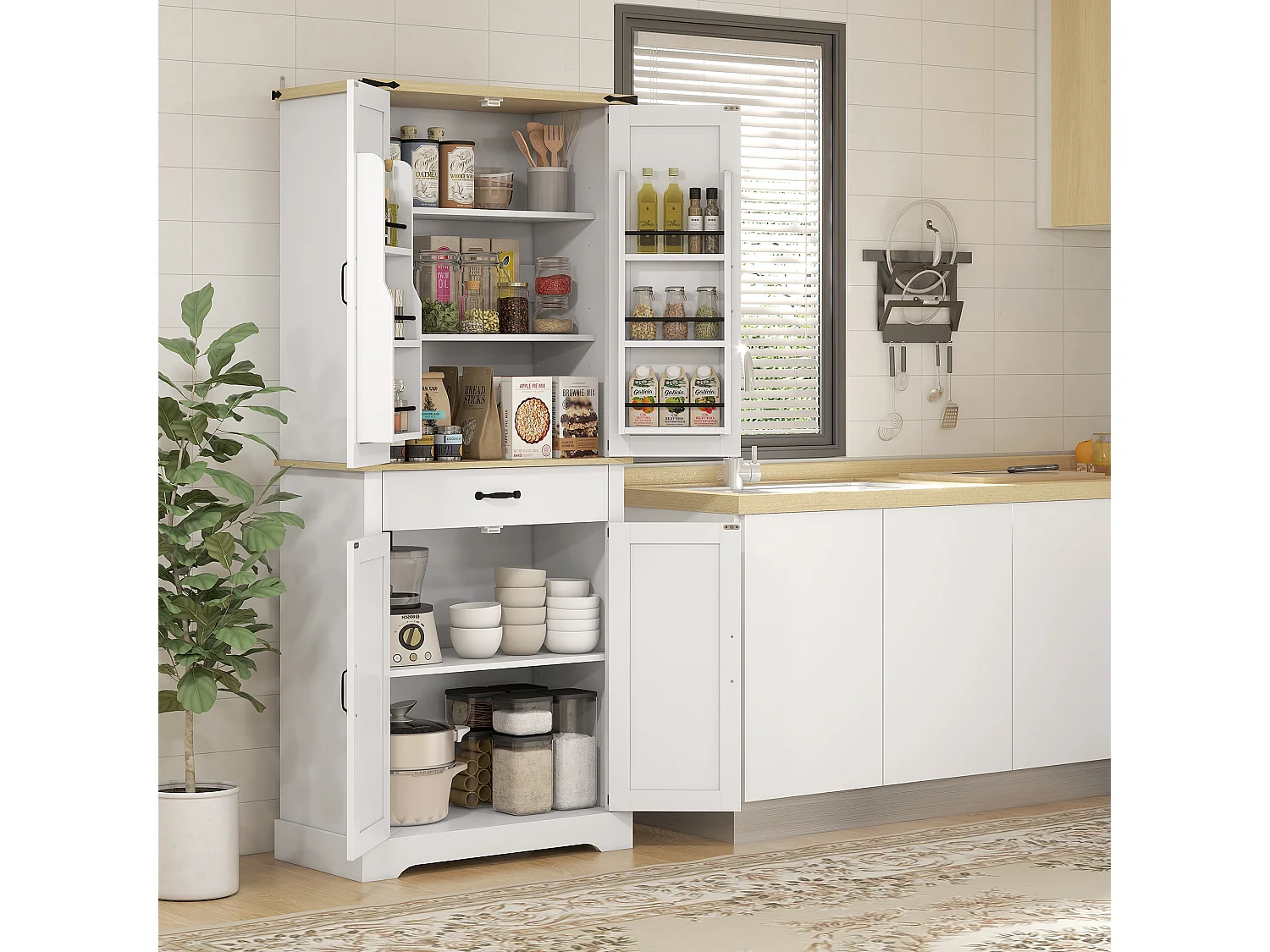 Buffet haut 4 portes 3 étagères 6 étagères de porte tiroir - dim. 76L x 40l x 181H cm - blanc aspect bois