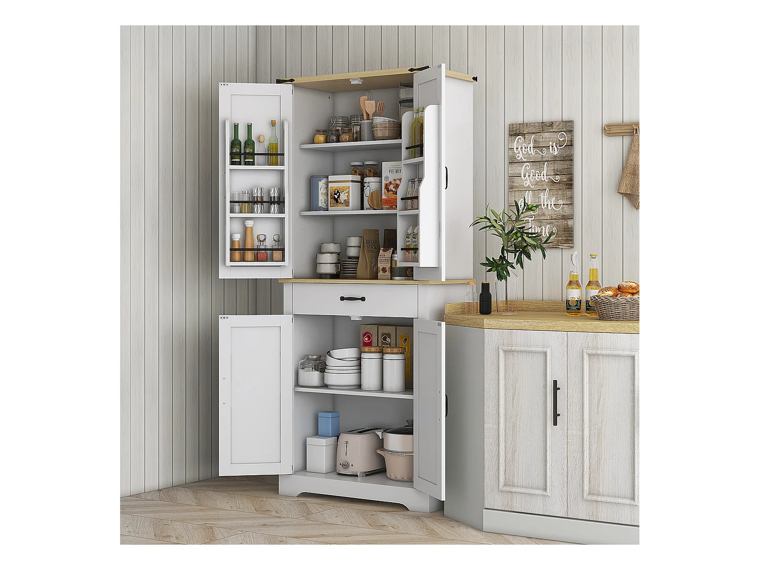 Buffet haut 4 portes 3 étagères 6 étagères de porte tiroir - dim. 76L x 40l x 181H cm - blanc aspect bois